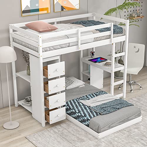 Twin Over Twin Bunk Bed with Storage Drawers and Shelves, Wood Twin Loft Bed with Desk, Floor Bunk Bed, L Shaped Bunk Bed for Kids, Teens, Adults, Bottom Bed Can Be Moved, No Box Spring Needed(White)