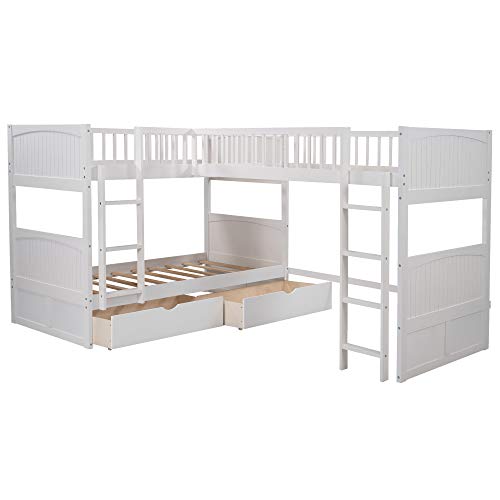 BIADNBZ Twin Over Twin Bunk Bed with a Loftbed Attached, Wooden L-Shaped Triple Bunkbeds w/2 Drawers and Headboard for 3 Kids Teens Boys Girls Bedroom, White
