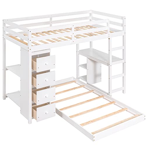 Twin Over Twin Bunk Bed with Storage Drawers and Shelves, Wood Twin Loft Bed with Desk, Floor Bunk Bed, L Shaped Bunk Bed for Kids, Teens, Adults, Bottom Bed Can Be Moved, No Box Spring Needed(White)