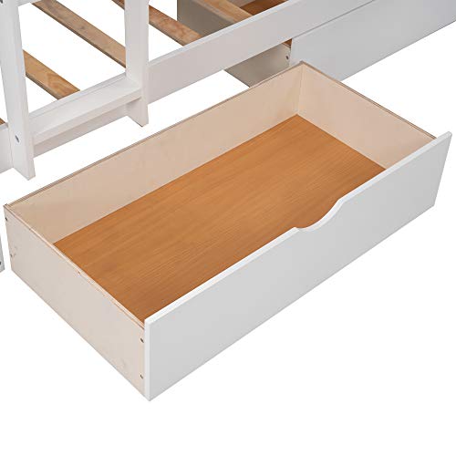 BIADNBZ Twin Over Twin Bunk Bed with a Loftbed Attached, Wooden L-Shaped Triple Bunkbeds w/2 Drawers and Headboard for 3 Kids Teens Boys Girls Bedroom, White