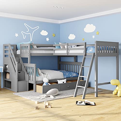 Merax Twin Over Full L-Shaped Bunk Bed with 3 Drawers, Storage Staircase, Ladder and Full Length Guardrail, Solid Wood L Shape Bunk Bed, No Spring Box Needed (Grey)