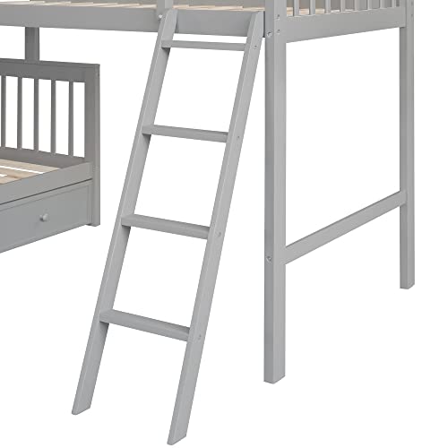 Merax Twin Over Full L-Shaped Bunk Bed with 3 Drawers, Storage Staircase, Ladder and Full Length Guardrail, Solid Wood L Shape Bunk Bed, No Spring Box Needed (Grey)