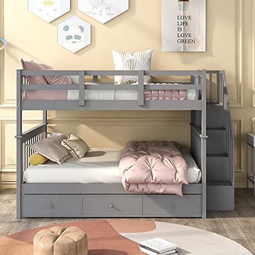 Solid Wood Full Over Full Bunk Bed with Storage, Gray
