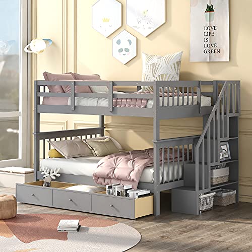 Solid Wood Full Over Full Bunk Bed with Storage, Gray