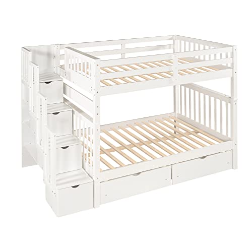 Solid Wood Full Over Full Bunk Bed with Stairs