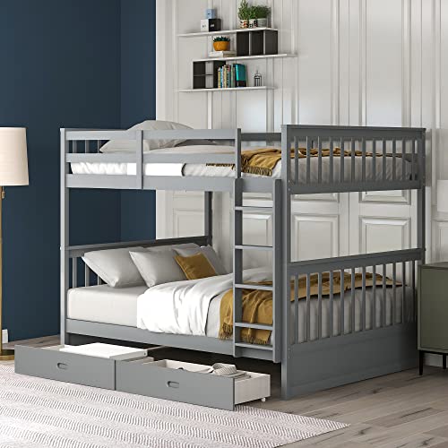 Full Over Full Bunk Bed with Storage Drawers, Wood Frame, Gray