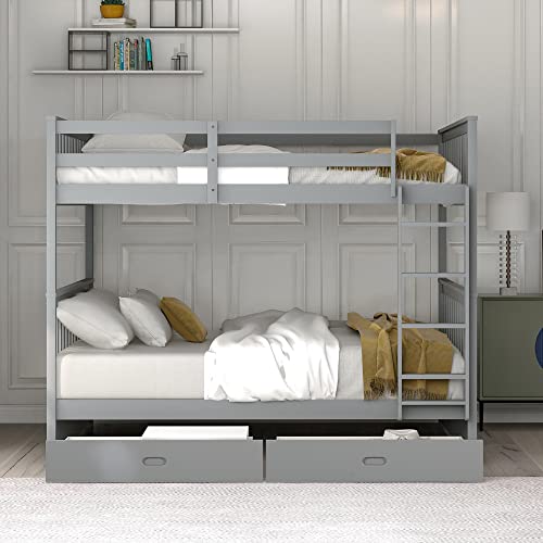 Full Over Full Bunk Bed with Storage Drawers, Wood Frame, Gray