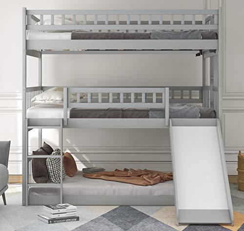 Convertible Triple Bunk Beds with Slide, Gray
