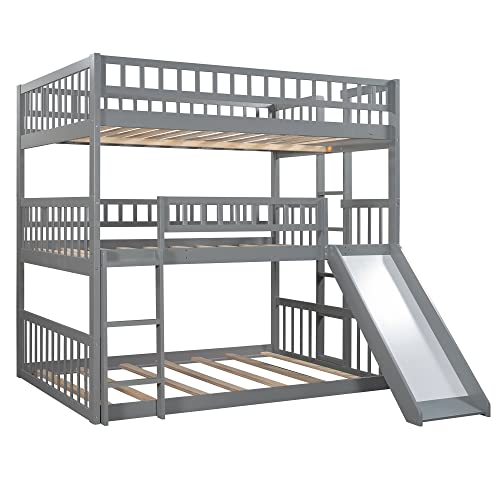 Convertible Triple Bunk Beds with Slide, Gray