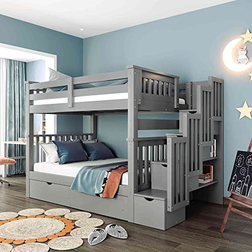 Gray Wood Bunk Bed with Stairs and Storage