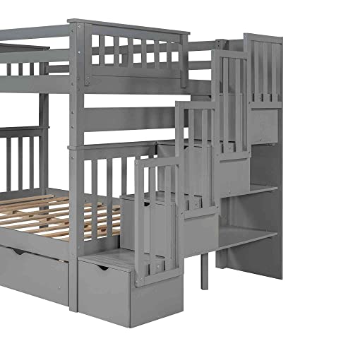 Gray Wood Bunk Bed with Stairs and Storage