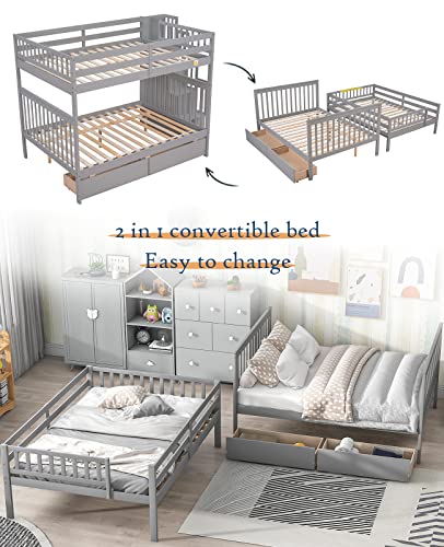 Tatub Full Over Full Bunk Bed with Storage Stairs, Grey