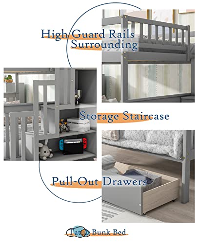 Tatub Full Over Full Bunk Bed with Storage Stairs, Grey