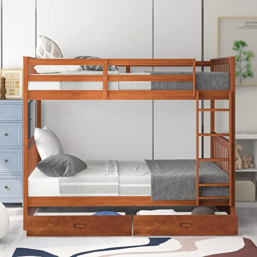 Solid Wood Full Over Full Bunk Bed with Storage Drawers, Ladders, and Safety Rail