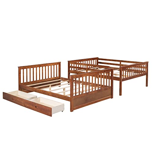 Solid Wood Full Over Full Bunk Bed with Storage Drawers, Ladders, and Safety Rail