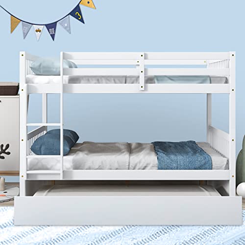 Full Over Full Bunk Bed with Trundle, White