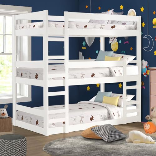 Triple Bunk Bed, Solid Pine Wood, White, 77