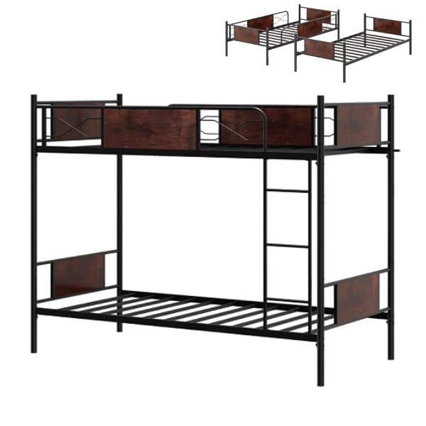 Convertible Metal Bunk Bed with Ladder and Rails