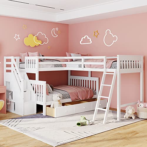 Merax L-Shaped Bunk Bed with a Loft Attached, Triple Bedframe with Drawers, Guardrails and Ladders, Twin Over Full, White