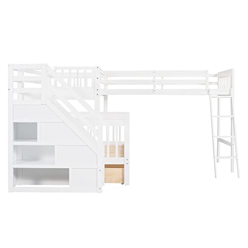 Merax L-Shaped Bunk Bed with a Loft Attached, Triple Bedframe with Drawers, Guardrails and Ladders, Twin Over Full, White