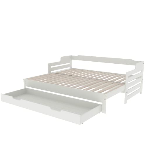 White wooden daybed with trundle and storage drawer