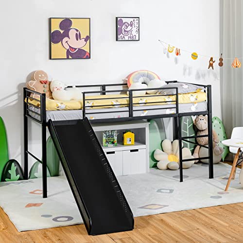 Kids Metal Loft Bed with Slide and Ladder