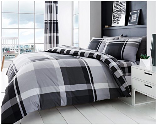 Grey Checkered Polycotton Duvet Cover Set for Double Bed