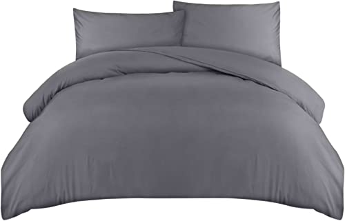Grey Double Duvet Cover with Pillowcases - Soft Microfibre
