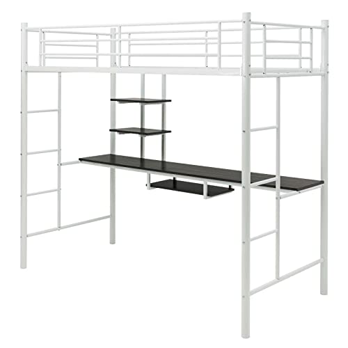 White Metal Bunk Bed with Desk and Shelves
