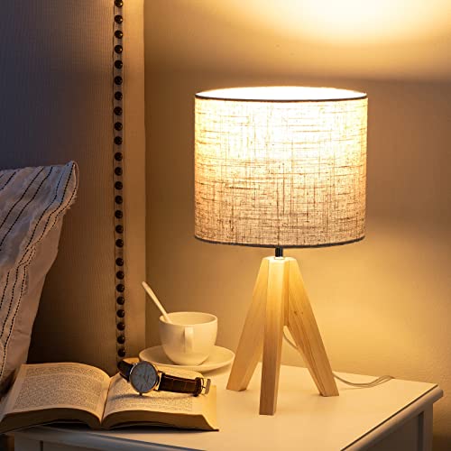 Wood Tripod Bedside Table Lamp - Beige Shade