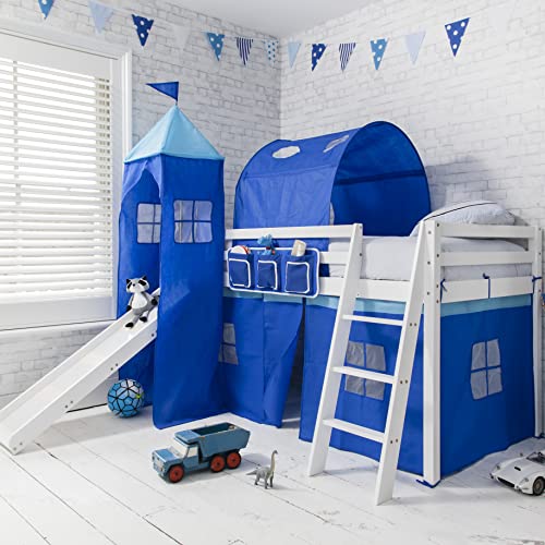 White Midsleeper Bed with Slide and Tent