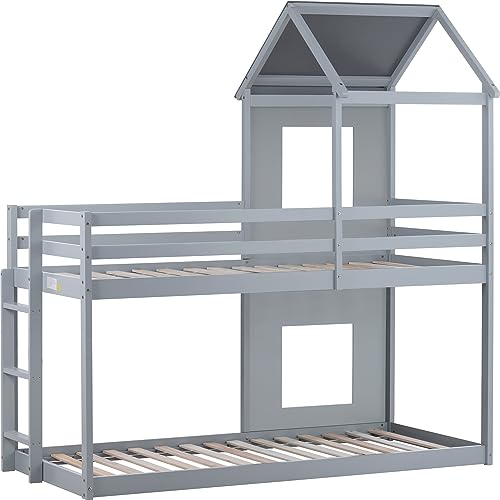 Kids' Treehouse Bunk Beds, Gray, with Ladder and Canopy