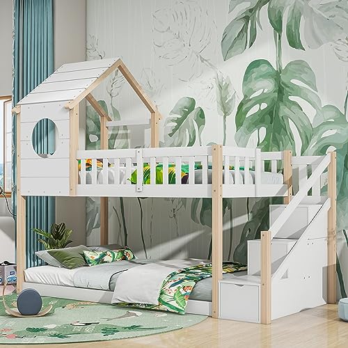 3FT Treehouse Bunk Bed, Wood House for Kids