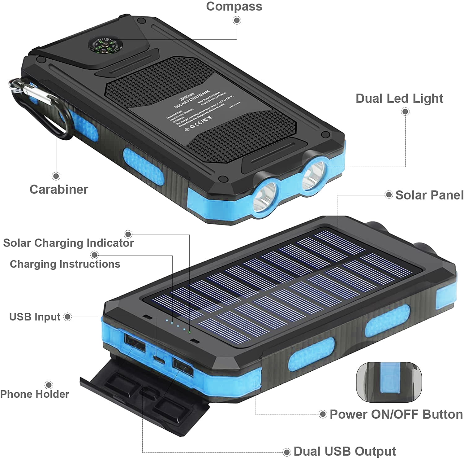 Solar Power Bank with Dual USB Ports, LED Light