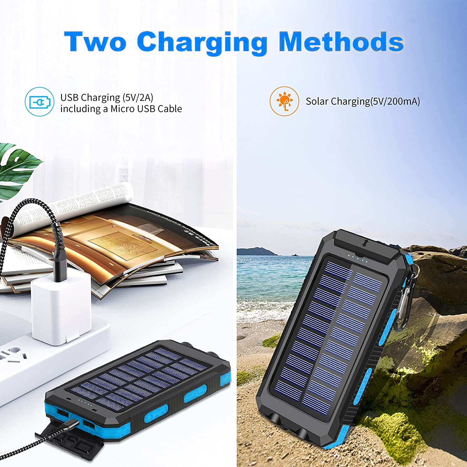 Solar Power Bank with Dual USB Ports, LED Light