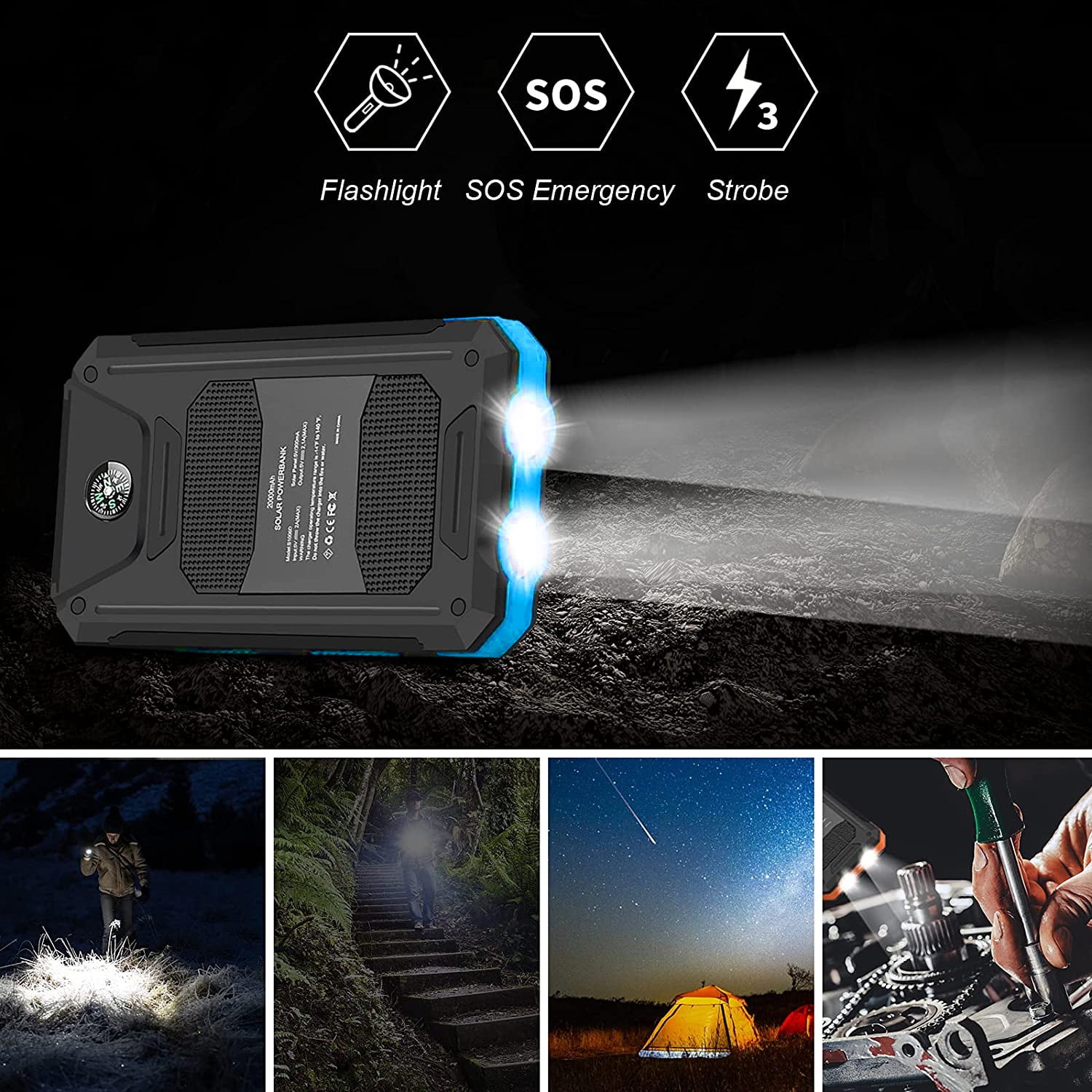 Solar Power Bank with Dual USB Ports, LED Light