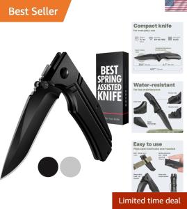 Grand Way Tactical Knife for Men - Black Pocket Knife - Best Spring Assisted