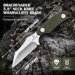 DRACHENADER Mini Neck Knife with Sheath, D2 Steel Blade Silver Full Tang EDC Small Wharncliffe Knife with G10 Handle for Men, Horizontal Carry