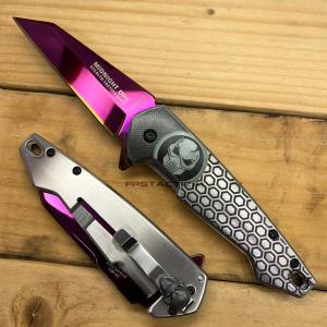Tac-Force Wharncliffe Punisher Spring Assisted Knife Purple Silver w Skulls 3.5"