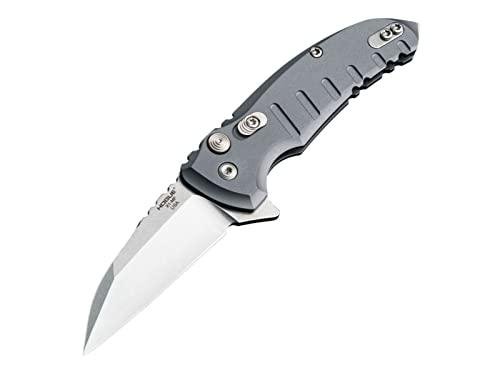 Hogue Elishewitz X1-Microflip Flipper 2.75" CPM-154 Stonewashed Plain Wharncliffe Blade, Grey Aluminum Handles, Button Lock Folding Pocket Knife - 24162