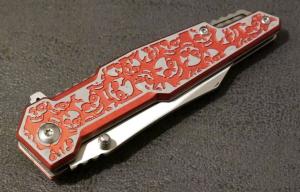 Red Pocket Knife 8” Overall Size M Wharncliffe Blade Full Metal Skulls Assist