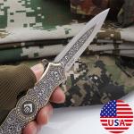 Silver Exquisite Engraving Crafted Survival Defense Premium Sharp Folding Knife