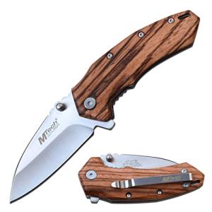 MTECH USA - Spring Assisted Folding Knife - Satin Finish Stainless Steel Wharncliffe Blade, Zebra Wood Handle, Pocket Clip, Liner Lock - Hunting, Camping, Survival, Tactical, EDC – MT-A1158ZW