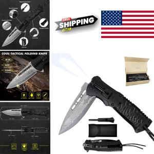 EDC Tactical Damascus Folding Pocket Knife with LED Light and Fire Starter