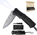 EDC Tactical Damascus Folding Pocket Knife with LED Light and Fire Starter