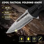 EDC Tactical Damascus Folding Pocket Knife with LED Light and Fire Starter
