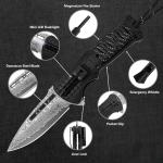 EDC Tactical Damascus Folding Pocket Knife with LED Light and Fire Starter
