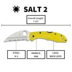 Spyderco Salt 2 Wharncliffe Knife with 2.9" H-1 Ultra-Corrosion Resistant Steel Blade and Lightweight Yellow FRN Handle - SpyderEdge - C88SWCYL2