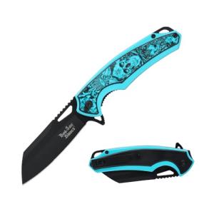 Dark Side Blades Folding Pocket Knife, 7.75 inch Overall Length, Skull Design Handle, Wharncliffe Blade (Blue)