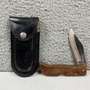 Vintage MAXAM STEEL LB 440  Folding Lockback Knife Wood Handle With Sheath